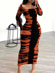 Abito lungo da donna Y2K tie-dye <span class=keywords><strong>a</strong></span> maniche lunghe, in maglia <span class=keywords><strong>a</strong></span> <span class=keywords><strong>costine</strong></span>, scollo quadrato, <span class=keywords><strong>aderente</strong></span>, modellante, per autunno inverno, da indossare <span class=keywords><strong>a</strong></span> strati - Product Image 2