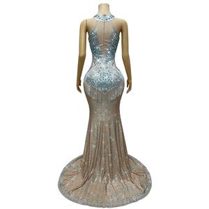 Luxuriöses Meerjungfrau-Bodenlanges Partykleid Funkelnde Strasssteine Kristalle Ketten-Netz für Damen Abendkleid Prom Roter Teppich Bühnenkostüm - Product Image 2