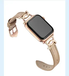 2 C Shaped Metal Connector Genuine Leather 14mm Fashion Thin Strap For Apple Watch Band Women Series 8 9 Ultra 49mm