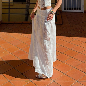 Falda midi de cintura alta con encaje tejido blanco para mujer, falda de moda para vacaciones de verano - Product Image 2