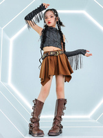 Costumes de danse jazz pour filles, style cowgirl western, haut court gris anthracite vieilli, jupe irrégulière marron, pour spectacle scénique enfant