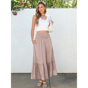 FOXA Falda larga floral estilo bohemio para mujer, falda de playa fluida con cintura alta y bolsillos para vacaciones, ropa de verano - Product Image 6