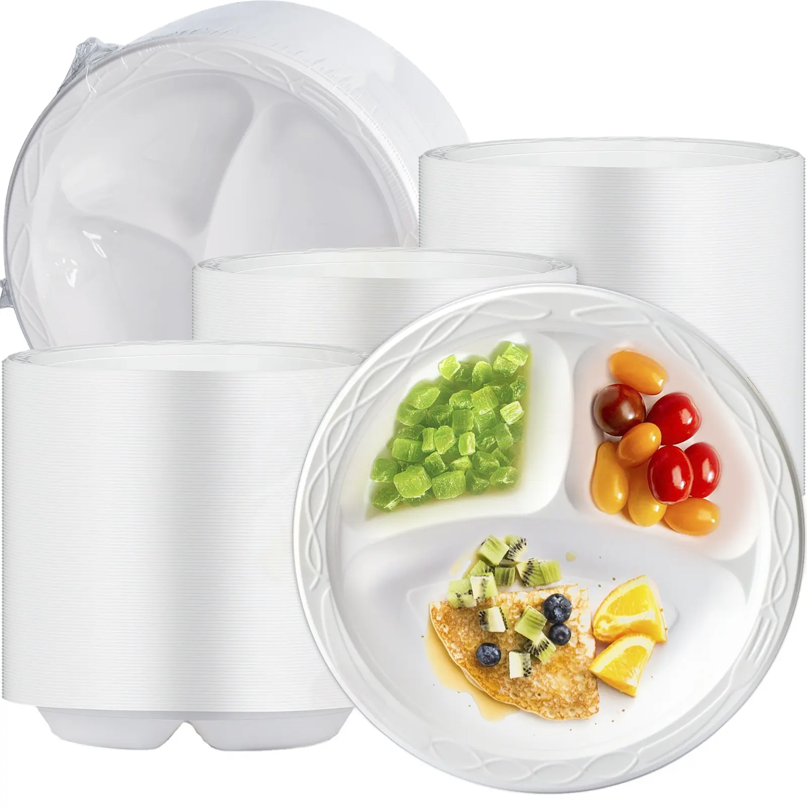 Biodegradable सफेद प्लास्टिक की प्लेटें Dishwasher माइक्रोवेव फ्रीजर सुरक्षित खाने के प्लेट, 9 इंच 3-डिब्बे डिस्पोजेबल प्लेटों