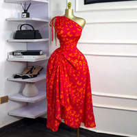 Nouvelle collection été 2025 pour femmes européennes et américaines, style doux et frais, asymétrique, col à épaule asymétrique, cordon de serrage, taille haute, coupe slim, style A, motif végétal