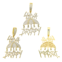 Nouveauté Collier Pendentif Parapluie Goutte d'Eau Lettre Forever en Laiton de Haute Qualité Entièrement Pavé de Zircone Cubique (CZ) Style Hip Hop pour Homme et Garçon, Or Rose Glacé