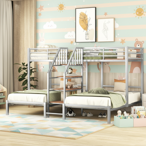 Cama Triple Metálica Moderna y Ajustable con Estantes de Almacenamiento y Escalera, Estructura de Cama Resistente para Niños/Adolescentes/Adultos, Plateada - Product Image 3