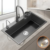 Évier de cuisine en acier inoxydable SUS304 noir nano fait main, à cuve unique, en stock
