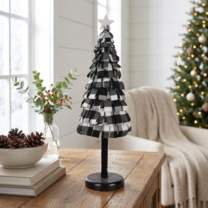 Black Plaid Felt Petal Cone <b>Christmas</b> <b>Tree</b> Patterned Petal Stack White Star Topper Modern Farmhouse <b>Mini</b> - Product Image 1