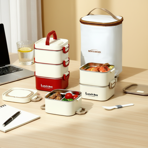 Boîte à lunch ronde en acier inoxydable, ensemble de gobelets et de bouteilles chauffants, compatible micro-ondes, étanche, double niveau, capacité de 1 à 2 L, boîte à bento moderne - Product Image 1