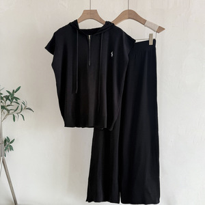 Black Hooded Knit Two Piece Set Sleeveless Vest and Wide Leg <b>Pants</b> for Women Casual <b>Summer</b> Outfit - Product Image 1