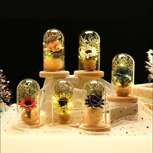 Fleur artificielle conservée, dôme en verre, boîte-cadeau, lumière led, transparent, tournesol unique dans un dôme en verre