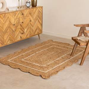 White Boho Home Decor Jute <b>Rug</b> Solid Pattern Vintage Farmhouse Natural Fiber Handmade Wave <b>Scallop</b> - Product Image 1