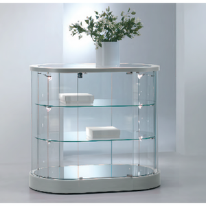 Vetrina Espositiva Ovale in Vetro Temperato 94 cm di Altezza con Illuminazione LED per Showroom, Negozi al Dettaglio e Centri Commerciali, Realizzata in Alluminio e Acrilico - Product Image 1