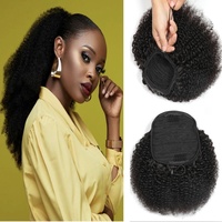 Extension Queue de Cheval Cheveux Humains Crépus Bouclés Afro Noir Naturel à Bande Élastique avec Cordon de Serrage pour Chignon