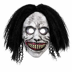 Masque intégral en latex de <span class=keywords><strong>d</strong></span>émon souriant effrayant avec perruque noire bouclée – Accessoire amusant et original pour Halloween, cosplay, maison hantée, fête costumée - Product Image 1