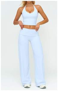 Conjunto Deportivo de Dos Piezas para Mujer, Top Halter con Estampado de Corazón en Color Sólido, Transpirable, de Cintura Alta, Pantalones Acampanados Plegables, para Yoga y Ejercicio - Product Image 4