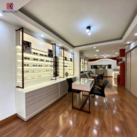 Meubles de présentation complets pour magasin d'optique sur mesure, étagères murales pour lunettes avec éclairage LED, armoire avec comptoir d'exposition en verre