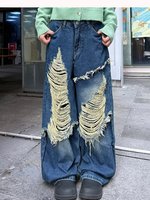 Nouveau Jean d'été pour femme, style Hip Hop Streetwear, taille haute, en denim délavé, à déchirures, coupe ample et jambe large