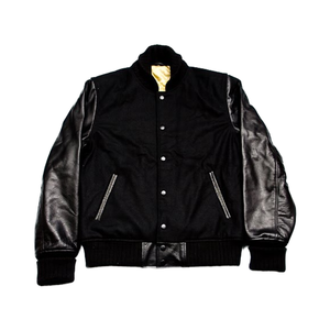 Chaqueta abotonada con bordado de chenilla y dobladillo con cuello en V de alta calidad, chaqueta universitaria con forro de satén y manga de cuero para hombre - Product Image 1