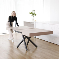 Table basse relevable multifonctionnelle rectangulaire en bois et acier au design moderne et élégant, convertible