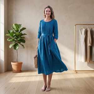 100% Cotton A-Line Midi Dress Women High Waist Bell Sleeve V-neck Bow Breathable Loose Fit <b>Vintage</b> Handmade Pockets Daily All - Product Image 3