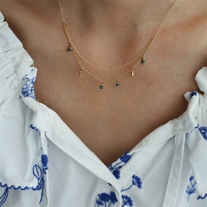 Vintage Luxury Jewelry Necklace Gold Plated Stainless Steel <b>Blue</b> <b>Bead</b> Charms Layer Chain Necklaces - Product Image 2