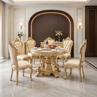 Ensemble de table à manger ronde en marbre de luxe européen, table en bois massif sculptée à la main, finition dorée, chaises en cuir blanc, vente en gros