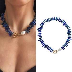 Joyería de mujer, gargantilla de piedras preciosas con barra de lapislázuli azul, collar llamativo con abalorio de Perla Barroca - Product Image 3