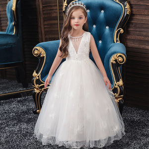 Robe de princesse pour filles, col en V, robe de bal, blanc, rose, bleu ciel, rouge vin, robe de demoiselle d'honneur, robe de fête d'anniversaire, taille enfant - Product Image 1