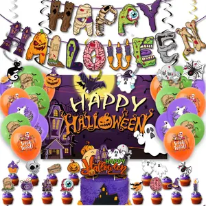 Feliz Halloween jack-o'-lanterna caveira demônio fantasma tema festa redemoinhos cartaz bolo toppers bandeiras balões de hélio conjunto decoração