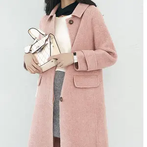 Pink single breasted double face wool blend ladies trench long winter women pea coat