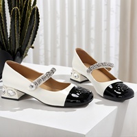 Escarpins Mary Jane de luxe pour femme, bleu clair et noir, à talon carré, ornés de strass, à enfiler, avec bride réglable, confortables et amortis