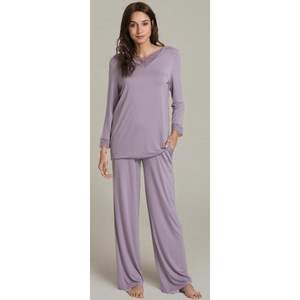 Conjunto de Pijama Personalizado para Mujer, Viscosa de Bambú con Ribete de Encaje, Ropa de Dormir de Manga Larga, Pijamas Suaves con Bolsillos - Product Image 1