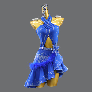 Robe de danse latine personnalisable en Spandex pour femmes, avec strass thermocollés, <span class=keywords><strong>col</strong></span> halter et jupe ajourée, idéale pour les compétitions. - Product Image 2
