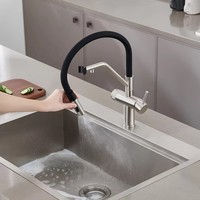 Robinet de cuisine moderne en acier inoxydable, à poser sur comptoir, avec double poignée, col de cygne, pivotant à 360°, à haut arc, pour eau potable