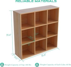 Estantería de Almacenamiento de 9 Cubos - Librería Abierta de Madera de 3 Niveles, Apta para el Hogar y la Oficina, Mueble de Exhibición de Roble - Product Image 2