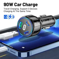 Adaptor Charger Mobil Pengisian Cepat 90W PD QC3.0 2 Port USB Tipe-C Stopkontak Pemantik Rokok untuk Penggunaan Baterai Ponsel
