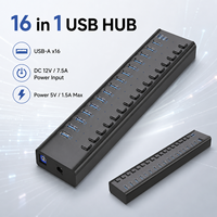16 Portlu USB 3.2 Hub 10Gbps, VL822 Çip, 16x USB-A Bağımsız Anahtarlı, 12V Güç Adaptörü, ABS Gövde, HS082M3 Plastik