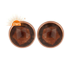 Tiny Round Smoky Quartz Gemstone Earrings Rose Gold Plated 925 Silver Designer Stud Earrings Jewelry Supplier - Product Image 1