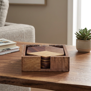 Handcrafted Dual Tone Hexagonal Geometric Wooden <b>Coaster</b> <b>Set</b> With Holder Elegant Tabletop Drink Mats Classic Style Pads Units - Product Image 1