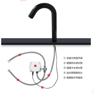 Robinet <span class=keywords><strong>de</strong></span> salle <span class=keywords><strong>de</strong></span> bain moderne en laiton noir mat à capteur automatique, sans contact, à arc élevé, mitigeur <span class=keywords><strong>de</strong></span> lavabo sur pied en céramique pour hôtel et maison - Product Image 6