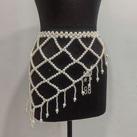 Pareo de playa femenino hecho a mano con perlas, de red con cuentas, con flecos, cadena de cintura y falda de perlas blancas