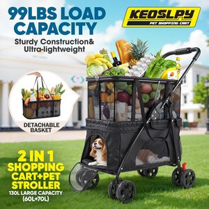 OEM 강철 합금강 접이식 쇼핑카트 애완동물 유모차 99Lbs 2-in-1 4륜 강아지 유모차 소형견 애완동물 유모차 식료품 쇼핑용 - Product Image 2