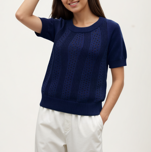 Maglione Estivo Promozionale da <span class=keywords><strong>Donna</strong></span> a Maniche Corte con Collo Rotondo e Design Traforato in <span class=keywords><strong>Maglia</strong></span> - Product Image 1