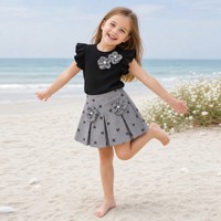 Ensembles 2 pièces d'été pour filles style occidental : Haut côtelé uni à motif floral élégant + Jupe plissée trapèze