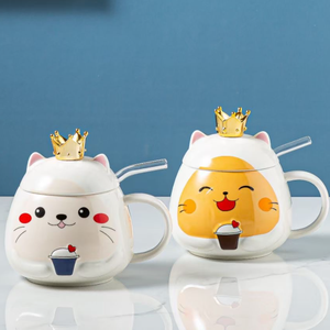 귀여운 만화 고양이 세라믹 머그잔 아침 우유컵 물컵 선물용 크라운 뚜껑 포함 - Product Image 2
