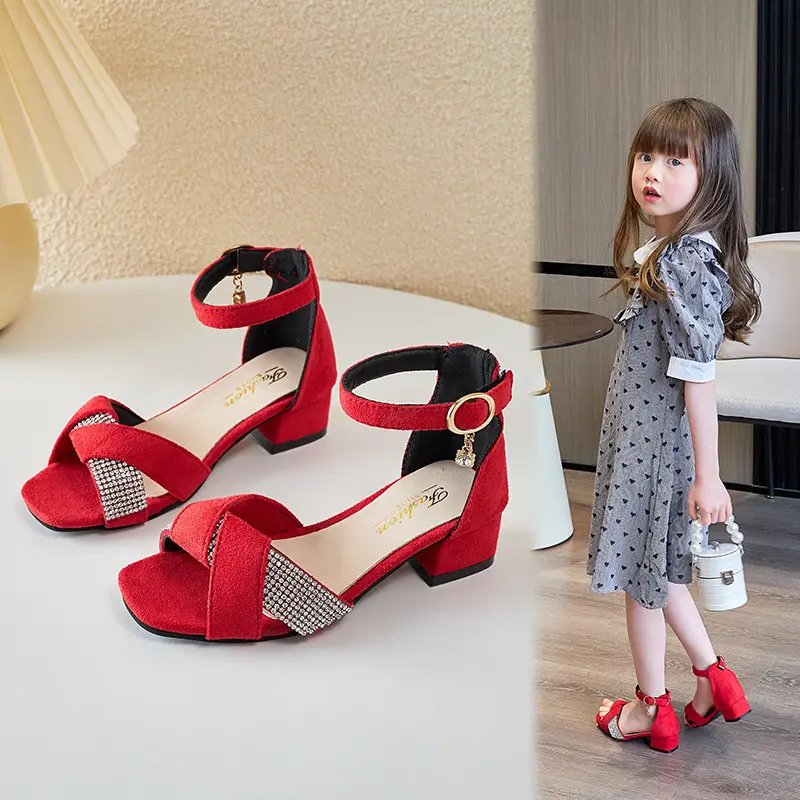 Hot selling 2022 Girls sandals new rhinestones 3 cm heel shoes cheap red SANDALS summer girls shoes KIDS