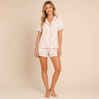 OEM ODM Pyjamas en satin à imprimé floral chic pour femmes, de haute qualité, personnalisés, confortables, rose, taille élastique, style luxueux pour l'été et le printemps