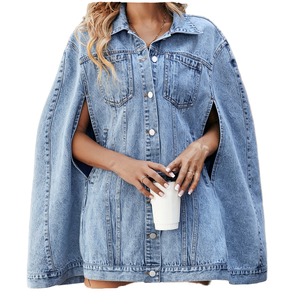 Single Breasted <b>Cape</b> Denim Coat <b>Women</b> Spring Fall Fashion Vintage Pockets Loose for Wash Casual Streetwear - Product Image 1