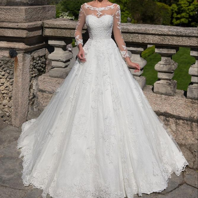 FA168 Backless Long Sleeve Lace Applique Wedding Gown